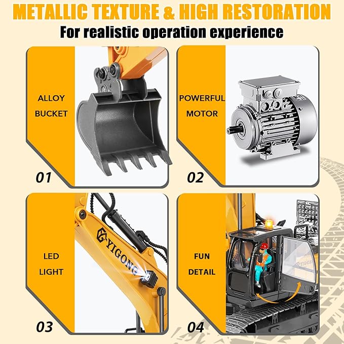 Remote Control Excavator for Boy 6 7 8 9 Years Old, 2.4 GHz Gravity Controlled Excavator Toys with Lights Sound, Rechargeable 11 CH RC Construction Vehicles Metal Shovel, Gifts for Kids 6-12 Year Old