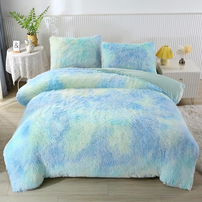 PERFEMET Long Faux Fur Shaggy Comforter Twin 3 Pcs Plush Fluffy Green Tie Dye Bedding Set for Girls Teens Soft Warm Fuzzy Furry Rainbow Bedding Comforter Set(Green, Twin)