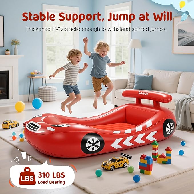 Lewondr Inflatable Kids Bed, Racecar Toddler Air Mattress with Safety Bumpers, Toddler Blow up Mattress with Hand Pump, Portable Toddler Travel Bed for Camping, Sleepovers, Vacation & Home, Red