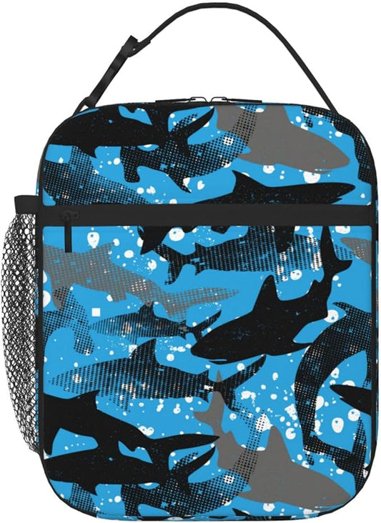 Abstract Sharks Insulated Lunch Bag Kids,Kids Lunch Box for Girls Boys,Bento Lunch Box Cooler Bag with Front Pocket for Women Men,Cute Lunch Tote Bag Lunchbox for Work/Office/School/Picnic