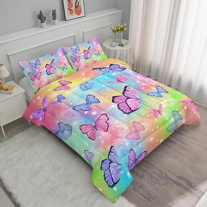 Rainbow Bedding Set with 1 Comforter and 2 Pillowcases for Boys and Girls Bedroom - Watercolor Butterfly Full