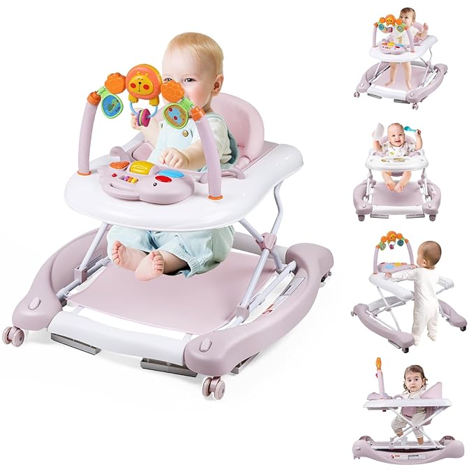 Baby Walker, 5-in-1 Baby Walkers for Boys and Girls 6-12 Months with Bouncer, Removable Footrest, Feeding Tray & Music, Foldable & Adjustable Activity Walker for 6-18 Months Toddler Infant