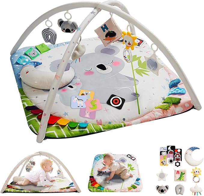 Baby Play Gym with 4 Developmental Zones – Tummy Time Mat & Activity Mat with 6 Sensory Toys, Visual Cards & Pillow – Baby Essentials & Ideal Gift for Newborns