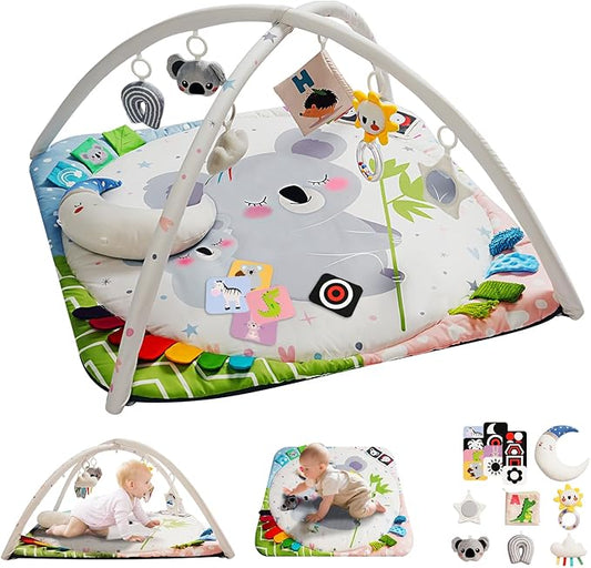 Baby Play Gym with 4 Developmental Zones – Tummy Time Mat & Activity Mat with 6 Sensory Toys, Visual Cards & Pillow – Baby Essentials & Ideal Gift for Newborns