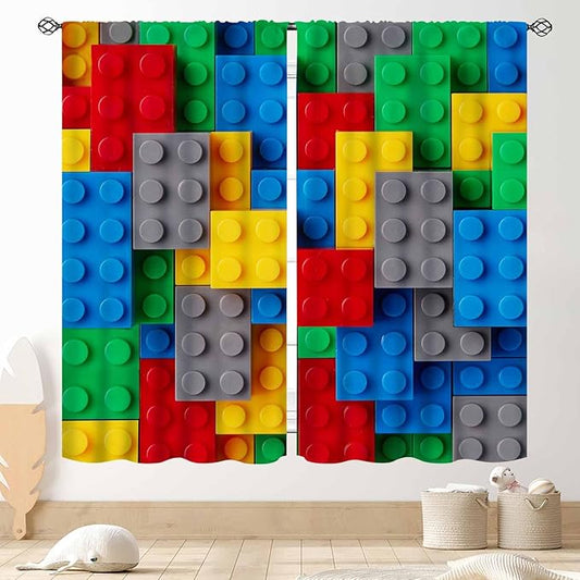 Building Blocks Blackout Curtains, Kids Boys Abstract Colorful Geometric Brick Constructor Curtains Bedroom Playroom Living Room Abstract Window Treatments Drapery 2 Panel, 42"x63" Inch