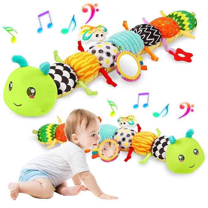 Baby Sensory Toys for 0-6 6-12 Months, Musical Stuffed Caterpillar Toy with Crinkle Rattle Mirror, Baby Essentials Infant Tummy Time Toys for 3 6 9 12 18 Months, Newborn Boys Girls Shower Gifts