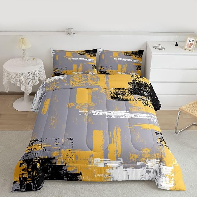 Feelyou Abstract Bedding Set Kids Modern Abstract Art Comforter Set Yellow Grey Black Comforter for Boys Room Decor Lightweight Retro Duvet Set Full Size with 2 Pillow Case