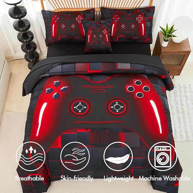 PERFEMET 6-Piece Boys Comforter Set Queen Size Game Console Bedding Set for Kids Teen 3D Black and Red Gamepad Gaming Bed in a Bag Matching Sheet Set(Red, Queen)