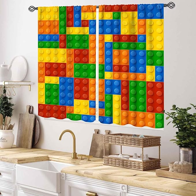 Building Blocks Curtains for Boys Room, Abstract Colorful Plastic Building Brick Blocks Geometric Printed Pattern Window Treatment Drapes for Kids Baby Bedroom Living Room, 55x39 Inch
