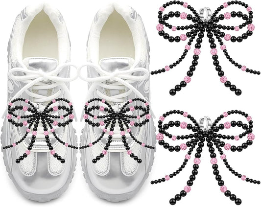 DELELE Pearl Bowknot Shoe Charms: Pearls Bow Sneakers Decorations for Women 2Pcs