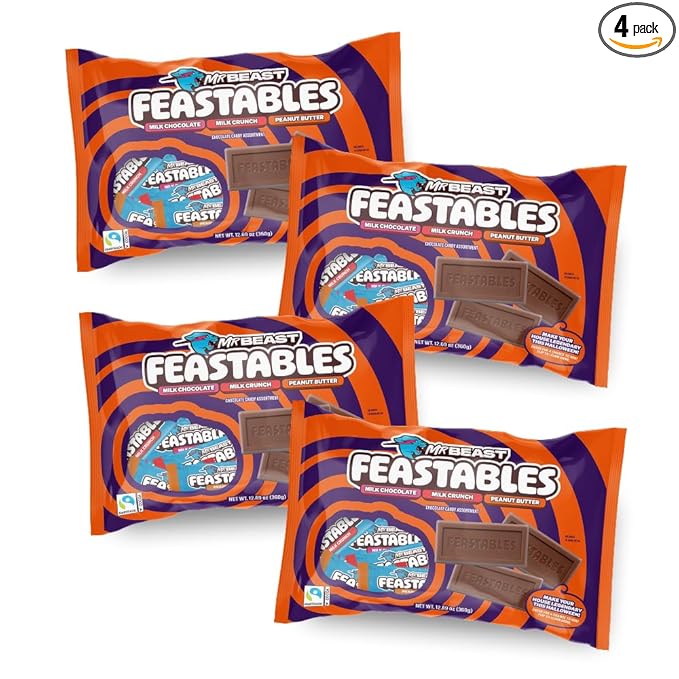 Feastables Mrbeast Halloween Candy Variety Pack With Milk Chocolate, Peanut Butter, & Milk Crunch Mini Bars, Trick or Treat Chocolate Bar Snacks or Party Favors, Fairtrade Cocoa, 12.69 Oz Bags, 4 Pack