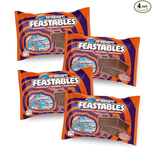 Feastables Mrbeast Halloween Candy Variety Pack With Milk Chocolate, Peanut Butter, & Milk Crunch Mini Bars, Trick or Treat Chocolate Bar Snacks or Party Favors, Fairtrade Cocoa, 12.69 Oz Bags, 4 Pack