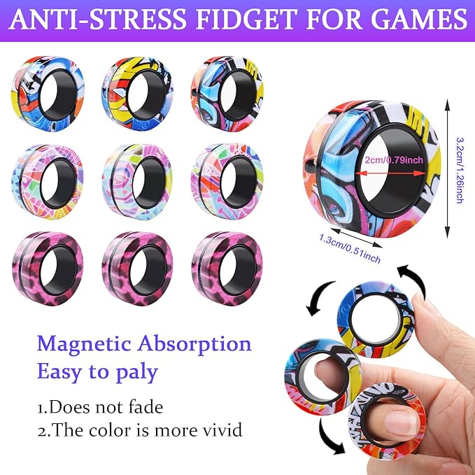Cevioce 9Pcs Magnetic Rings Fidget Toy Set, ADHD Anxiety Magnetic Fidget Toys Adults Fidget Spinner Rings for Relief, Gifts for 8+ Year Old Teen Boy Girl C