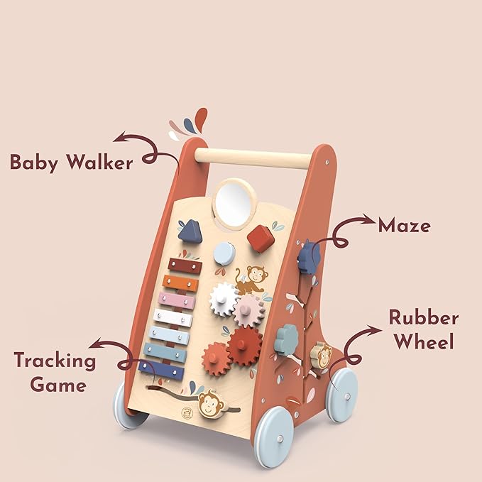 SPEEDY MONKEY Multi-Activity Wooden Baby Walker | 9-in-1 Toddler Toy Includes Shape Sorter, Bead Maze, Xylophone, Blocks & More | Learning Toy for Fine Motor Skill, Early Development & Balance
