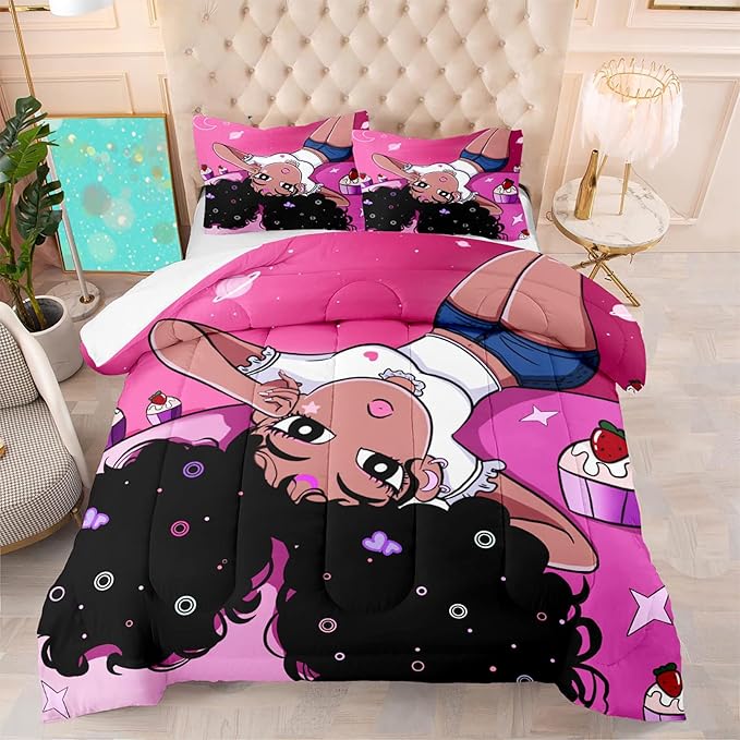 Black Girl Comforter for Bedroom Decor Pink Full Quilt Set with 2 Pillowcases Black Magic Comforter Gifts for Kids