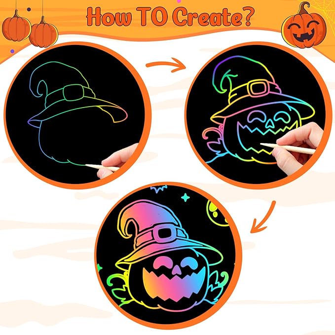 ZMLM Rainbow Scratch Party Favors Kids: Birthday Gifts Toy Bulk Scratch Art Notebook 24 Pack Birthday Goodie Bags Stuffers Girls Boys Art Craft Pad Classroom Prizes School Teacher Supplies (Halloween)