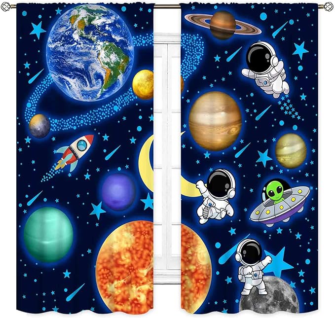 Space Curtains, Kids Boys Solary System Universe Outer Space Planet Astronaut Galaxy Blackout Window Drapery Treatments for Living Room Nursery Playroom 2 Panels, 42"x63" Inch