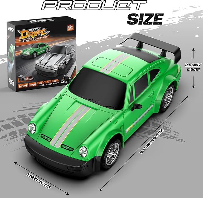 RC Drift Car, 1:24 Scale Remote Control Car with LED Lights, 20KM/H 4WD High Speed RC Cars, Racing and Drifting Dual-Mode Toy Car Idea Gift for Adults and Kids, Green