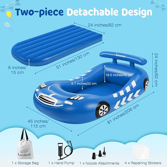 Lewondr Inflatable Kids Bed, Racecar Toddler Air Mattress with Safety Bumpers, Toddler Blow up Mattress with Hand Pump, Portable Toddler Travel Bed for Camping, Sleepovers, Vacation & Home, Blue