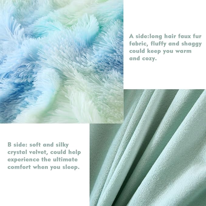 PERFEMET 3 Pcs Long Faux Fur Fluffy Full Comforter Sets Colorful Tie Dye Shaggy Furry Green Bedding Set for Girls Soft Plush Velvet Rainbow Bedding Quilt Set(Green, Full)