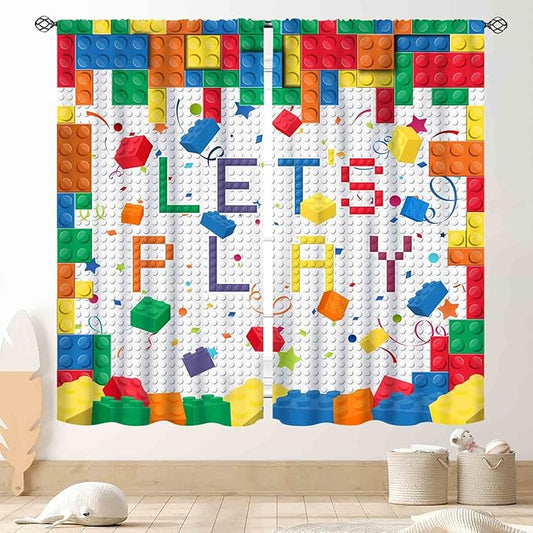 Building Blocks Curtains for Boys Room, Abstract Colorful Plastic Building Brick Blocks Geometric Printed Pattern Window Treatment Drapes for Kids Baby Bedroom Living Room, 42"x45" Inch