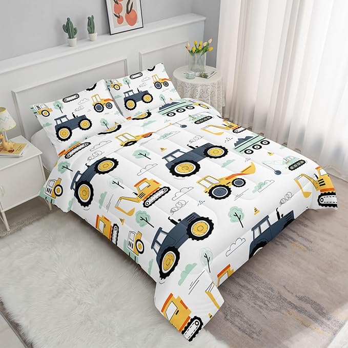 Kids Comforter Set Engineering Vehicle Printed Pattern Bedding Set with 1 Comforter and 2 Pillowcases for Girls Boys Bedroom All Season(Excavator Truck Engineering Vehicle01 Full)