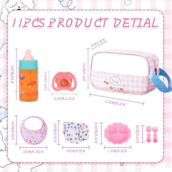 Baby Doll Accessories Set – 7 Pcs Feeding Bottle Toys, Magic Disappearing Milk & Juice, Pretend Play Set with Pacifiers, Reusable Bibs and Diapers, Kids Gift