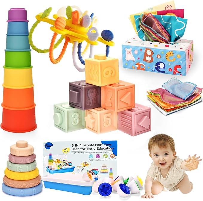 Baby Toys 6-12 Months,Baby Montessori Toys for 1 Year old,6-in-1 Sensory Toys for Babies 6-12 Month,Stacking Cups Building Blocks,Teething Pull String,Tissue Box Toys for 6-9-12-18 Months Baby Gifts