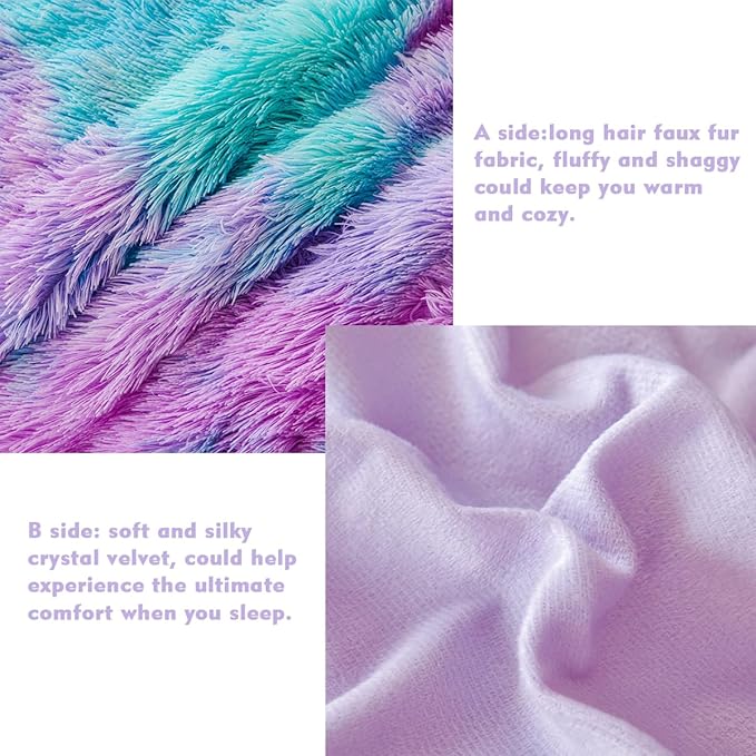 PERFEMET Fuzzy Girls Twin Comforter Set 3 Pieces Colorful Purple and Teal Faux Fur Fluffy Bedding for Kids Teens Ultra Soft Warm Tie Dye Velvet Plush Shaggy Bed Comforter Sets(Purple Teal, Twin)