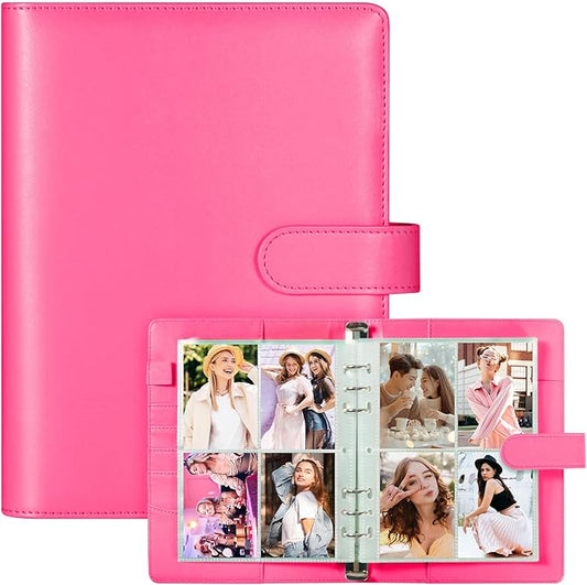 A5 Kpop Photocard Binder, PU Leather 6-Ring Album with Magnetic Closure, Includes 30 Pack 4-Pocket Pages for 240 Cards, Card Holder for Trading and Collectible Cards (Rose)