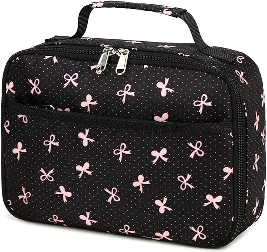 LEDAOU Lunch Box Kids Insulated Lunch Bag Girls Toddler Reusable Lunchbox for School Picnic Hiking (Black-Pink Bow)