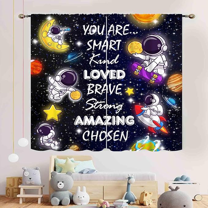 Kids Space Curtains for Boys Room, Cartoon Universe Galaxy Space Planet Astronaut Inspirational Quotes Learning Kids Window Drapery Treatments for Bedroom Living Room Nursery 2 Panels, 42"x54" Inch