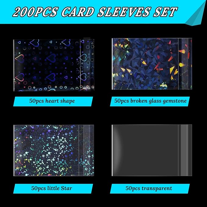 Tinlade 200 Pcs Laser Flashing Kpop Holographic Photo Card Sleeves Little Star Heart Glass Gemstone Transparent Trading Cards Sleeves 2.6 x 3.5 Inches