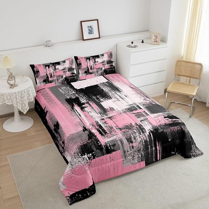 Feelyou Pink Black Abstract Duvet Quilt Queen Size Geometric Bedding Set for Kids Boys Girls Decor Modern Comforter Set Breathable Soft Lightweight Microfiber Buffalo Check Bedroom Decor Bedclothes
