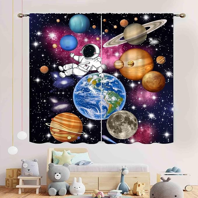 Galaxy Curtains for Bedroom, Solar System Universe Outer Space Planet Astronaut Blackout Window Drapery Treatments for Kids Boys Room Living Room Nursery Playroom 2 Panels, 42"x54" Inch