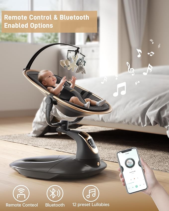 Baby Swing for Infants to Toddler, Electric Baby Swing with Sturdy Shield-Shaped Base, 180° Rotation Portable Infant Swing for Newborn Baby Boy Girl Up to 20 lbs, 5-Speeds & 12 Preset Lullabies, Black