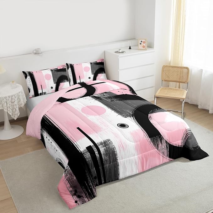 Feelyou Kids Abstract Art Comforter Set Toddler Size Geometric Bedding Set for Boys Girls Teens Bedroom Decor Geometric Pink Grey Black Comforter Women Men Modern Duvet Set with 1 Pillow Case