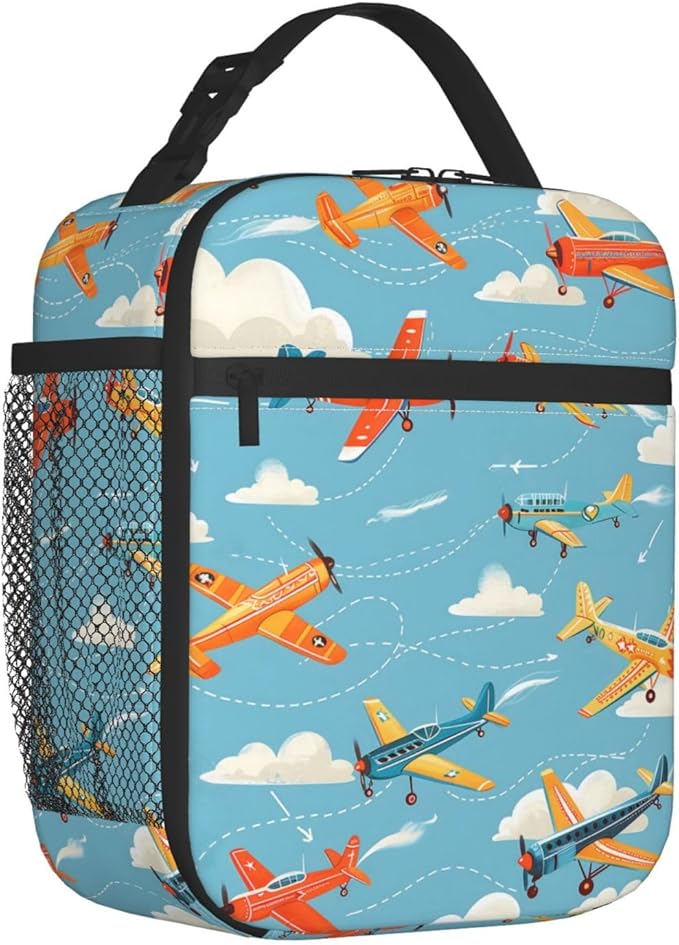 Reusable Vintage Airplane Lunch Box for Kids Girls Boys Women Adult, Insulated Retro Aircraft Blue Lunch Bag,Polyester Cooler Handbags Case for School Picnic Work Travel Beach or Hiking