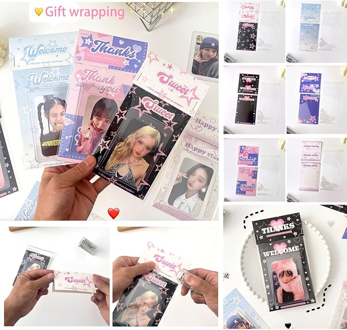 6 Kpop Photocard Holder Keychain Toploaders,6 Wrapped Gift Sets，50 Holographic Card Sleeves for Trading Cards,35Sheets Deco Stickers,2 Pcs Cute Little Pendant (Star II)