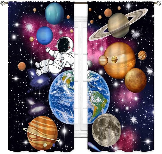 Galaxy Curtains for Bedroom, Solar System Universe Outer Space Planet Astronaut Blackout Window Drapery Treatments for Kids Boys Room Living Room Nursery Playroom 2 Panels, 84"x84" Inch