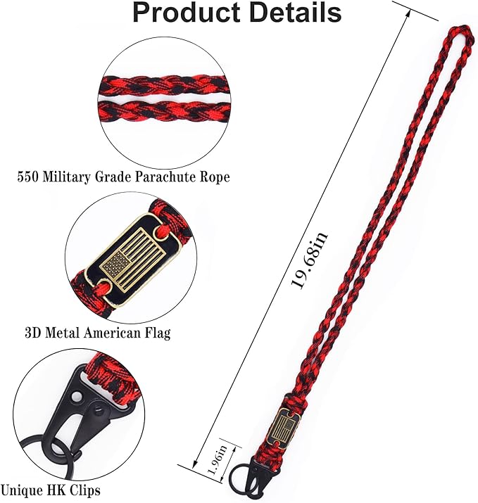 Heavy Duty Braided Paracord Lanyard Keychain with USA Flag, Parachute Rope Necklace Keychains, Braided Strong Lanyard
