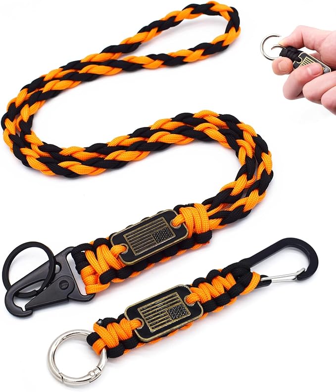 Heavy Duty Braided Paracord Lanyard Keychain with USA Flag, Parachute Rope Necklace Keychains, Braided Strong Lanyard