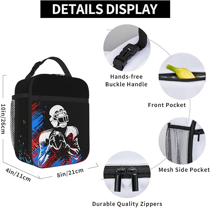 Sports-themed Lunch Bag for Boys Football Insulated Lunch Box with Football Players Pattern Print, Black Cooler Thermal Lunch Bag Tote Handbag with Water Bottle Holder for Kids Teens Youth Adults