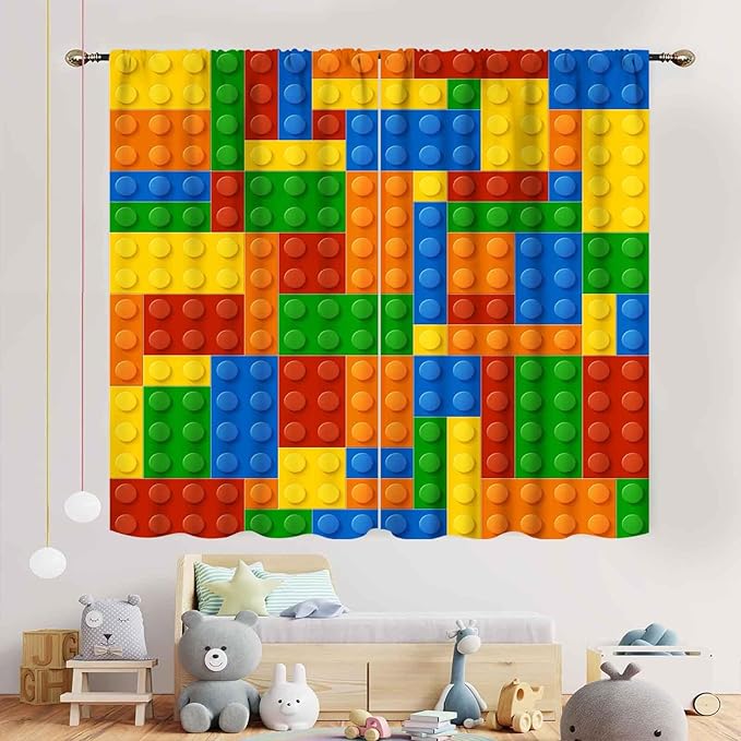 Building Blocks Curtains for Boys Room, Abstract Colorful Plastic Building Brick Blocks Geometric Printed Pattern Window Treatment Drapes for Kids Baby Bedroom Living Room, 63"x63" Inch