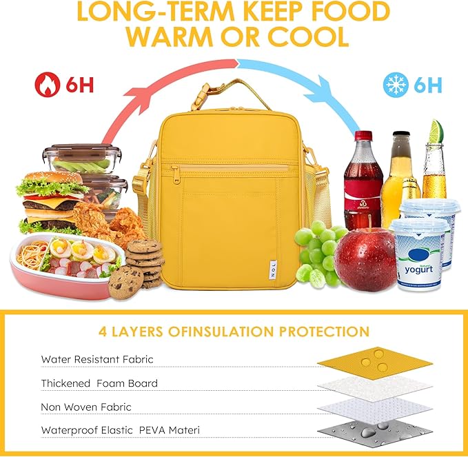 NOL Nylon Waterproof Kids Lunch Bag, Insulated Lunch Bag, Lunch box Cooler, Reusable, Zip Closure with Buckle Handle Holds Lunch Box, Snacks & Water Bottle for School Work, Earth-yellow