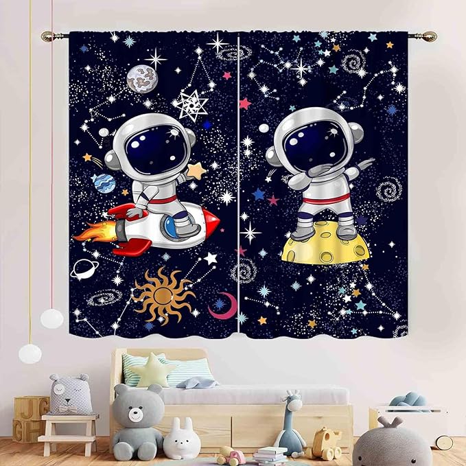 Galaxy Curtains, Cartoon Astronaut Universe Outer Space Star Planets Blackout Window Drapery Treatments for Kids Boys Bedroom Living Room Nursery Playroom 2 Panels, 42"x54" Inch