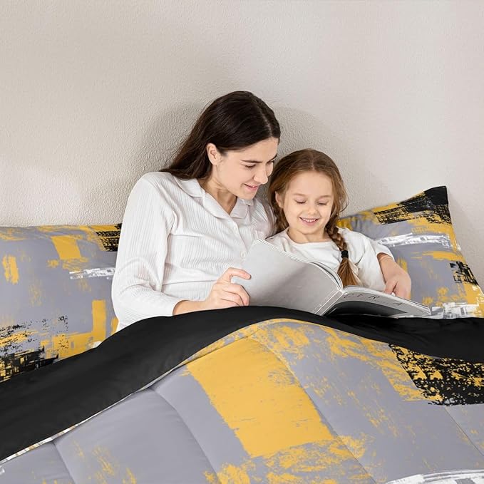 Feelyou Abstract Bedding Set Kids Modern Abstract Art Comforter Set Yellow Grey Black Comforter for Boys Room Decor Lightweight Retro Duvet Set Full Size with 2 Pillow Case