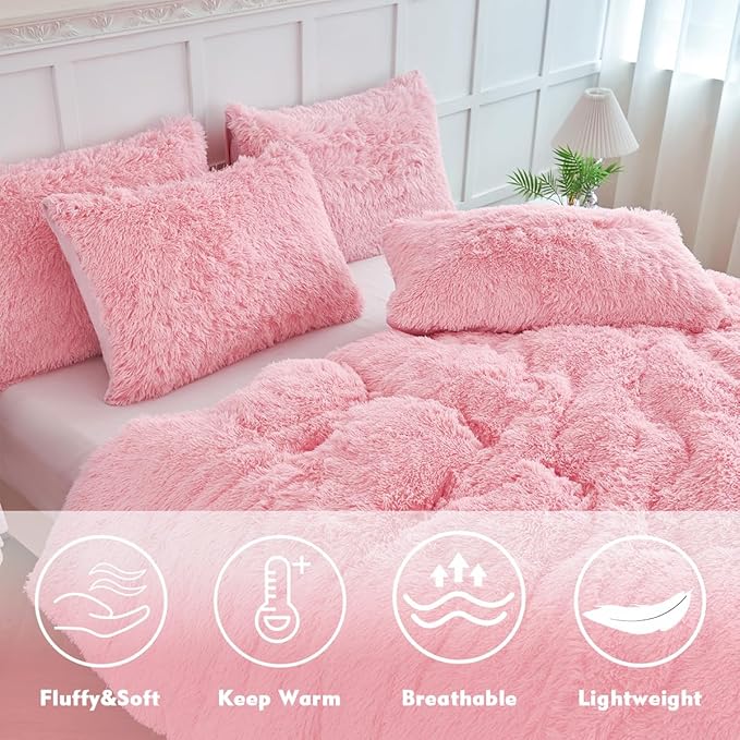 PERFEMET 3 Pieces Plush Pink Comforter Sets Full Size Soft Long Faux Fur Shaggy Girls Bedding Set Warm Velvet Fluffy Fuzzy Bed Set for Kids Teens(Pink, Full)