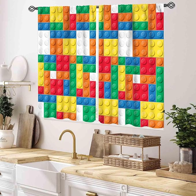 Boys Curtains for Bedroom Building Blocks Curtains, Colorful Plastic Block Building Constructor Brick Blackout Window Treatments for Boys Kids Girl Baby Room Living Room Nursery, 55x39 Inch