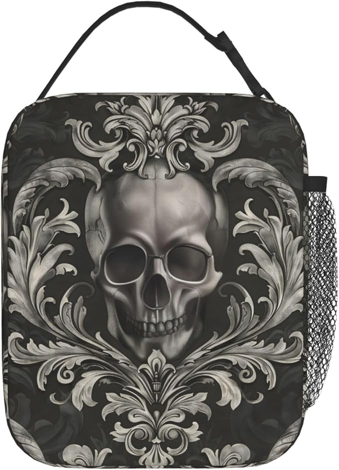 Reusable Gothic Skull Lunch Box for Kids Girls Boys Women Adult, Insulated Goth Dark Aesthetic Lunch Bag,Polyester Cooler Handbags Case for School Picnic Work Travel Beach or Hiking